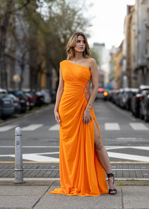 Duga svečana haljina na jedno rame s prorezom