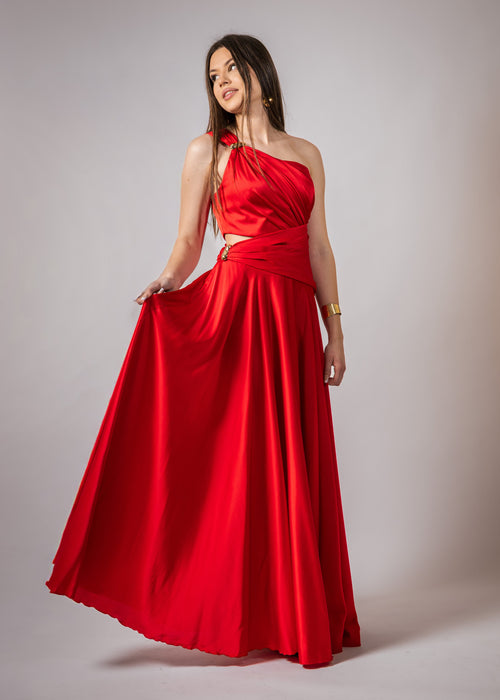 Duga haljina s prorezima na jedno rame