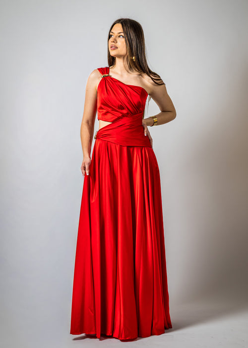 Duga haljina s prorezima na jedno rame